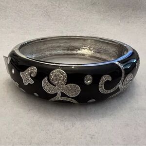 Bangle Bracelet Black Enamel With Floral Swirls Crystals Silver Tone Statement